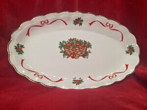 Walbrzych Holiday Ribbon Oval Serving Platter Christmas Basket Porcelain- Nice!
